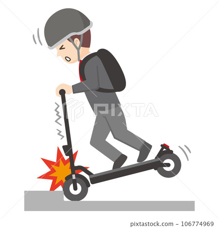 Illustration of a man getting stuck on a step while driving an electric scooter 106774969
