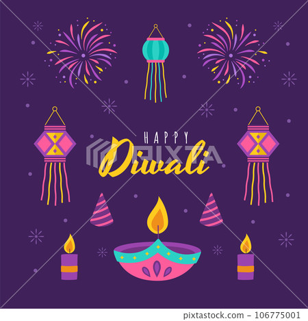 Diwali elements. Indian festival of lights icon set. Colorful deepavali signs on purple background. Vector illustration in flat cartoon style Diwali elements. Indian festival of lights icon set. Colorful deepavali signs on purple background. Vector illustration in flat cartoon style 106775001