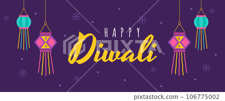 Diwali greeting banner. Holiday background for celebration Indian festival of lights. Vector illustration in flat cartoon style Diwali greeting banner. Holiday background for celebration Indian festival of lights. Vector illustration in flat cartoon style 106775002