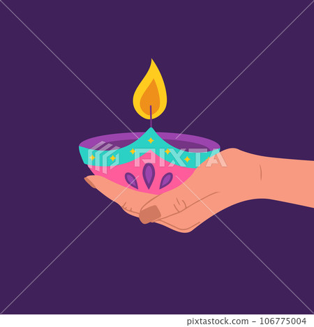 Diwali diya lamp. Female hand holding burning candle. Indian festival of lights icon. Colorful deepavali sign on purple background. Vector illustration in flat cartoon style 106775004