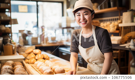 麵包店店員微笑著工作 麵包店店員微笑著工作 106775506