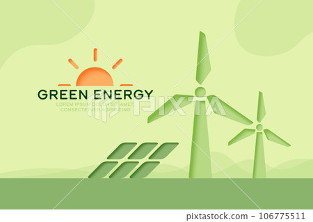 Wind Turbine, Wind Power, 3D paper art style. Renewable energy and Sustainability concept.Banner template background. Vector illustration. 106775511