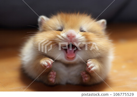 Funny hamster with stuffed cheeks smiling looking at the camera Funny hamster with stuffed cheeks smiling looking at the camera 106775529