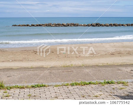Scenery of Hamanasu Park Beach (east side of Mimatsu Beach) and Wakasa Bay. Takahama Town, Oi District, Fukui Prefecture. Scenery of Hamanasu Park Beach (east side of Mimatsu Beach) and Wakasa Bay. Takahama Town, Oi District, Fukui Prefecture. 106775542