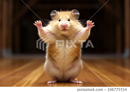 Hamster Roborovski contorting its body into a funny pose with hands up Hamster Roborovski contorting its body into a funny pose with hands up 106775554