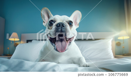 Dogs on a bed is smiling, close-up, humorous 106775669