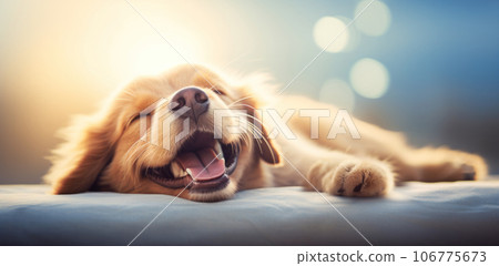Dog on a bed is smiling, close-up and feeling happy, humorous shot 106775673