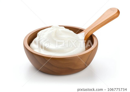 Creamy Sour Cream in Wooden Set Isolated on White Background. Generative ai 106775734