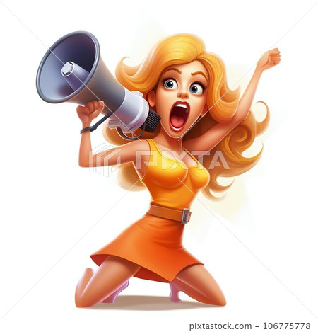 Bright Cartoon Girl Announcing Loudly with Megaphone. Generative ai 106775778