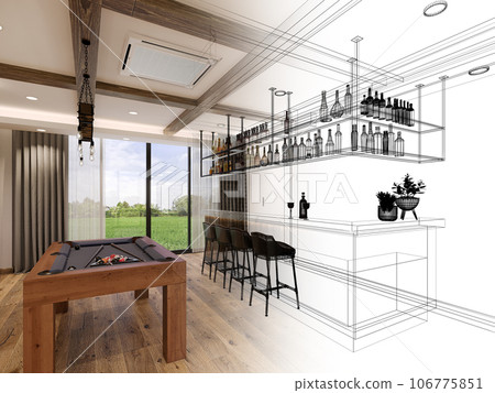 pool table with counter bar in relax room, 3d rendering wire frame 106775851