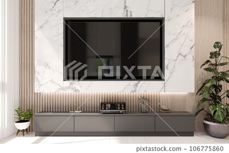 3D rendering; of low cabinet with TV on white marble wall 3D rendering; of low cabinet with TV on white marble wall 106775860