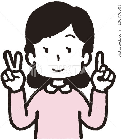 一位微笑的女士用左手一根手指、右手兩根手指做出 21 個手勢的上半身插圖 106776009