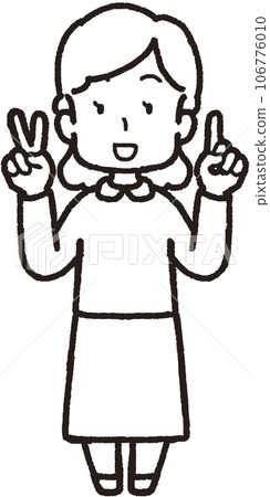 一位微笑的女士用左手一根手指、右手兩根手指做出 21 個手勢的全身線條畫插圖 106776010