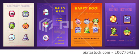 Halloween Pixel art Backgrounds. 8bit Video Game Cute Candies, Spooky Monster, Ghost and Pumpkin Patterns and Ready to use Happy Halloween Holiday Poster Templates. 106776432