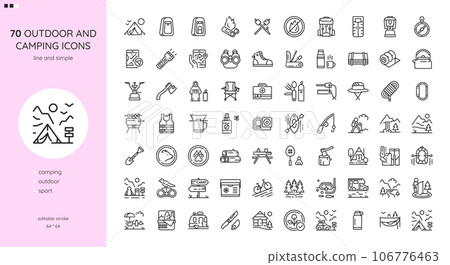 Camping and Outdoor Activities Icons Set. Camping tent, Smores, Raincoat, Thermos, Kettle, Quilt, Portable Chair, Fishing, Nature Walking,  Cooking, Outdoor Sport Games. Outline Signs Collection. 106776463