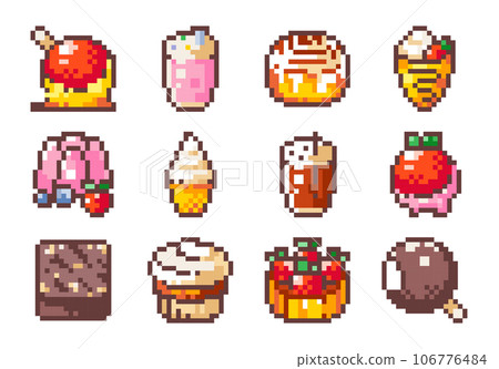 Pixel Art Confectionery Set. 8 bit style stickers of Pixelated Candies Sweets and Delicious Pastry Desserts - Caramel Apple, Cinnamon Roll, Jelly Pudding, Ice Cream, Chocolate Cake, Tart, Popsicle. Pixel Art Confectionery Set. 8 bit style stickers of Pixelated Candies Sweets and Delicious Pastry Desserts - Caramel Apple, Cinnamon Roll, Jelly Pudding, Ice Cream, Chocolate Cake, Tart, Popsicle. 106776484