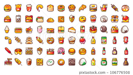 Pixel Art Fast and Street Food Collection. Mega Set of Asian, Korean, Japanese and American Ready and Delicious Meals. 8 bit Retro Style Fast Food Pixels. Burgers, Pastry, Sauces, Cakes, Sandwiches. 106776508