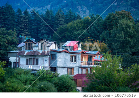 Forest resort on a mountain valley. Forest resort on a mountain valley. 106776519