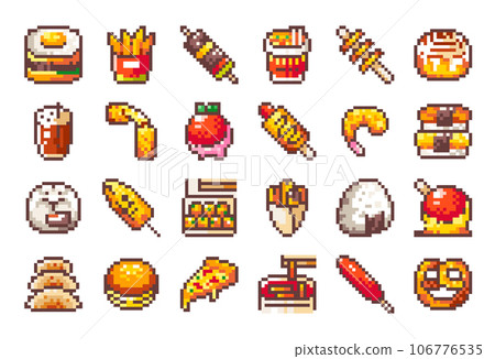 Pixel art 8bit Collection of Asian Street Food. Egg Burger, Sweet Potato, Skewer, Instant noodles, Fried Potato, Pastry Sweet Bun, Coffee, Cheese Stick, Seafood, Steam Dim Sum Bam Bao, Churros, Pizza. Pixel art 8bit Collection of Asian Street Food. Egg Burger, Sweet Potato, Skewer, Instant noodles, Fried Potato, Pastry Sweet Bun, Coffee, Cheese Stick, Seafood, Steam Dim Sum Bam Bao, Churros, Pizza. 106776535