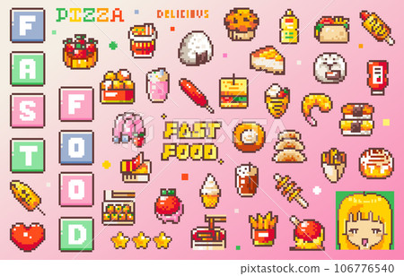 Pixel Art Retro Fast Food Set. 8bit Retro Style Video Game Asian Street and Popular fast food. Cakes, Fried Potato and Cheese balls, tteokbokki, sushi, hot dog. Pack of emoji, stickers or badges.	 Pixel Art Retro Fast Food Set. 8bit Retro Style Video Game Asian Street and Popular fast food. Cakes, Fried Potato and Cheese balls, tteokbokki, sushi, hot dog. Pack of emoji, stickers or badges.	 106776540