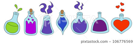 Potion bottles set isolated on white background. Cartoon flat vector illustration of different shape glass jars with colorful liquid substance. Magic shop, witchcraft accessories 106776569