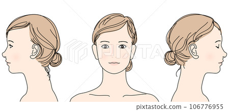 A set of illustrations of a woman with her eyes closed, from the side and from the front, with a close-up of her face, chignon, updo, and upper body bust up A set of illustrations of a woman with her eyes closed, from the side and from the front, with a close-up of her face, chignon, updo, and upper body bust up 106776955