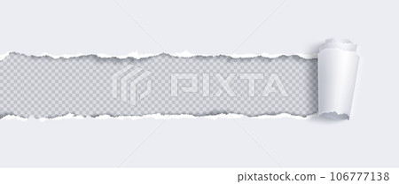 Paper banner with torn hole and rolled edge. 106777138