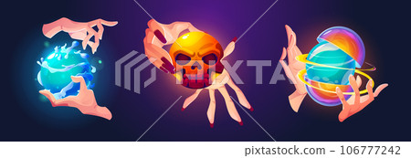 Hand holding magic crystal ball fortune teller Hand holding magic crystal ball fortune teller 106777242