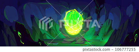 Magic stone portal in cave with green lake 106777255