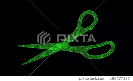 3D scissors on black background. Object made of shimmering particles. For title, text, presentation. 3d animation 106777525