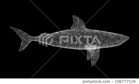 3D shark on black background. Object made of shimmering particles. Wild animals concept. For title, text, presentation. 3d animation. 106777526