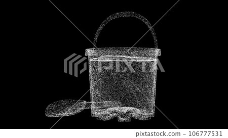 3D sand bucket with shovel on black background. Object made of shimmering particles. Summer vacation concept. For title, text, presentation. 3d animation. 3D sand bucket with shovel on black background. Object made of shimmering particles. Summer vacation concept. For title, text, presentation. 3d animation. 106777531