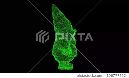 3D gnome on black background. Object made of shimmering particles. Fabulous concept. For title, text, presentation. 3d animation. 3D gnome on black background. Object made of shimmering particles. Fabulous concept. For title, text, presentation. 3d animation. 106777532