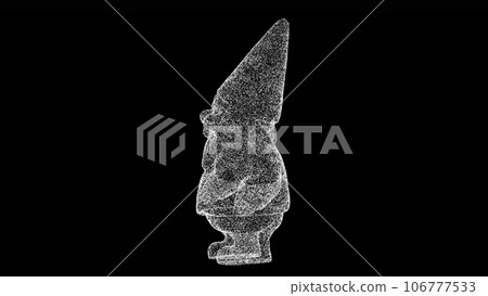 3D gnome on black background. Object made of shimmering particles. Fabulous concept. For title, text, presentation. 3d animation. 3D gnome on black background. Object made of shimmering particles. Fabulous concept. For title, text, presentation. 3d animation. 106777533
