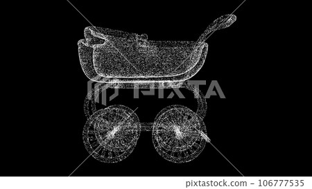 3D baby stroller on black background. Object made of shimmering particles. Baby born concept. For title, text, presentation. 3d animation. 3D baby stroller on black background. Object made of shimmering particles. Baby born concept. For title, text, presentation. 3d animation. 106777535