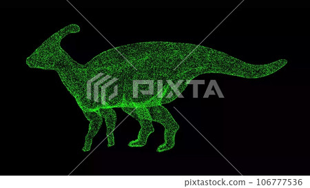 3D dinosaur Parasaurolophus on black background. Object made of shimmering particles. Wild animals concept. For title, text, presentation. 3d animation. 3D dinosaur Parasaurolophus on black background. Object made of shimmering particles. Wild animals concept. For title, text, presentation. 3d animation. 106777536