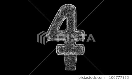 3D number 4 digit on black background. Object made of shimmering particles. Digit Anniversary Holiday concept. For title, text, presentation. 3d animation. 3D number 4 digit on black background. Object made of shimmering particles. Digit Anniversary Holiday concept. For title, text, presentation. 3d animation. 106777553