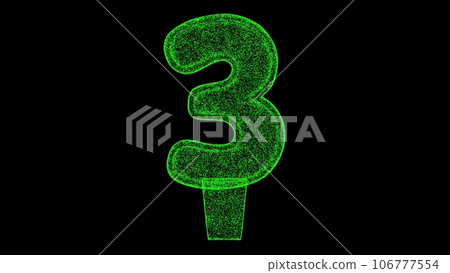 3D number 3 digit on black background. Object made of shimmering particles. Digit Anniversary Holiday concept. For title, text, presentation. 3d animation. 106777554