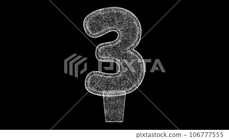 3D number 3 digit on black background. Object made of shimmering particles. Digit Anniversary Holiday concept. For title, text, presentation. 3d animation. 3D number 3 digit on black background. Object made of shimmering particles. Digit Anniversary Holiday concept. For title, text, presentation. 3d animation. 106777555