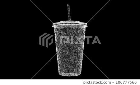 3D cup with a straw on black background. Object made of shimmering particles. Fast food concept. For title, text, presentation. 3d animation. 3D cup with a straw on black background. Object made of shimmering particles. Fast food concept. For title, text, presentation. 3d animation. 106777566