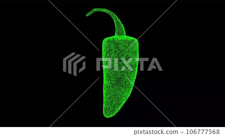 3D chili pepper on black background. Object made of shimmering particles. Hot food concept. For title, text, presentation. 3d animation. 3D chili pepper on black background. Object made of shimmering particles. Hot food concept. For title, text, presentation. 3d animation. 106777568
