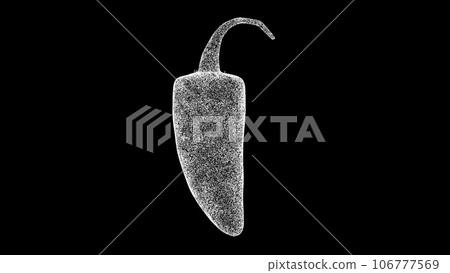 3D chili pepper on black background. Object made of shimmering particles. Hot food concept. For title, text, presentation. 3d animation. 3D chili pepper on black background. Object made of shimmering particles. Hot food concept. For title, text, presentation. 3d animation. 106777569