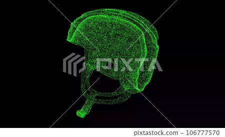 3D hockey helmet on black background. Object made of shimmering particles. Sport games concept. For title, text, presentation. 3d animation. 3D hockey helmet on black background. Object made of shimmering particles. Sport games concept. For title, text, presentation. 3d animation. 106777570