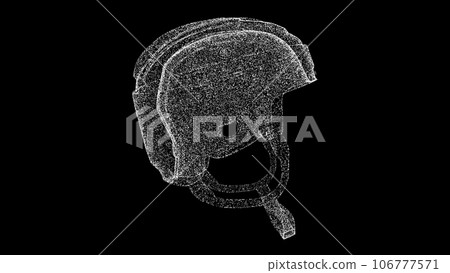 3D hockey helmet on black background. Object made of shimmering particles. Sport games concept. For title, text, presentation. 3d animation. 3D hockey helmet on black background. Object made of shimmering particles. Sport games concept. For title, text, presentation. 3d animation. 106777571