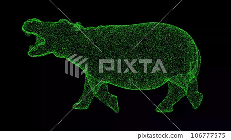 3D hippopotamus on black background. Object made of shimmering particles. Wild animals concept. For title, text, presentation. 3d animation. 3D hippopotamus on black background. Object made of shimmering particles. Wild animals concept. For title, text, presentation. 3d animation. 106777575