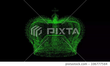 3D Imperial Crown on black background. Object made of shimmering particles. Science history concept. For title, text, presentation. 3d animation. 106777584
