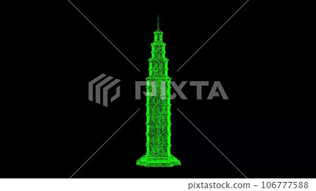 3D Skyscraper building on black background. Object made of shimmering particles. Business building concept. For title, text, presentation. 3d animation. 3D Skyscraper building on black background. Object made of shimmering particles. Business building concept. For title, text, presentation. 3d animation. 106777588