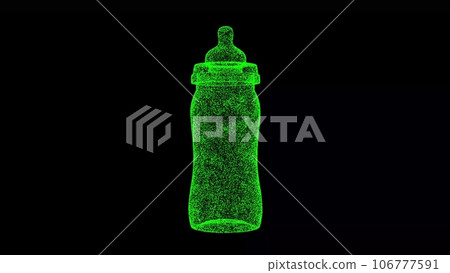 3D baby bottle on black background. Object made of shimmering particles. Baby care concept. For title, text, presentation. 3d animation. 106777591