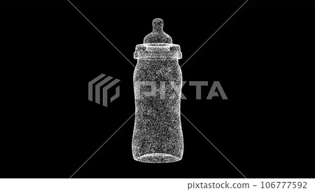 3D baby bottle on black background. Object made of shimmering particles. Baby care concept. For title, text, presentation. 3d animation. 106777592