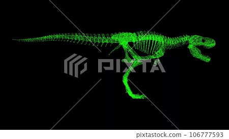 3D Tyrannosaurus rex skeleton on black bg. Object dissolved green flickering particles. Business advertising backdrop. Science concept. For title, text, presentation. 3D animation. 3D Tyrannosaurus rex skeleton on black bg. Object dissolved green flickering particles. Business advertising backdrop. Science concept. For title, text, presentation. 3D animation. 106777593